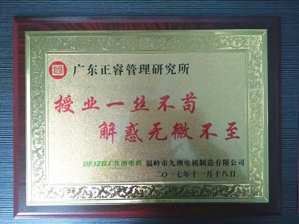 溫嶺市九洲電機制造有限公司贈與廣州正睿授業(yè)一絲不茍與，解惑無微不至牌匾
